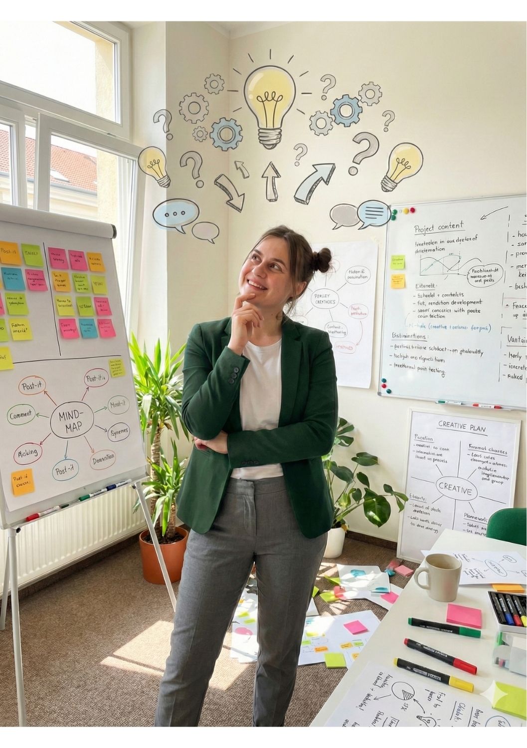 Stefanie begleitet ein Innovationsteam in einem kreativen Workshopraum