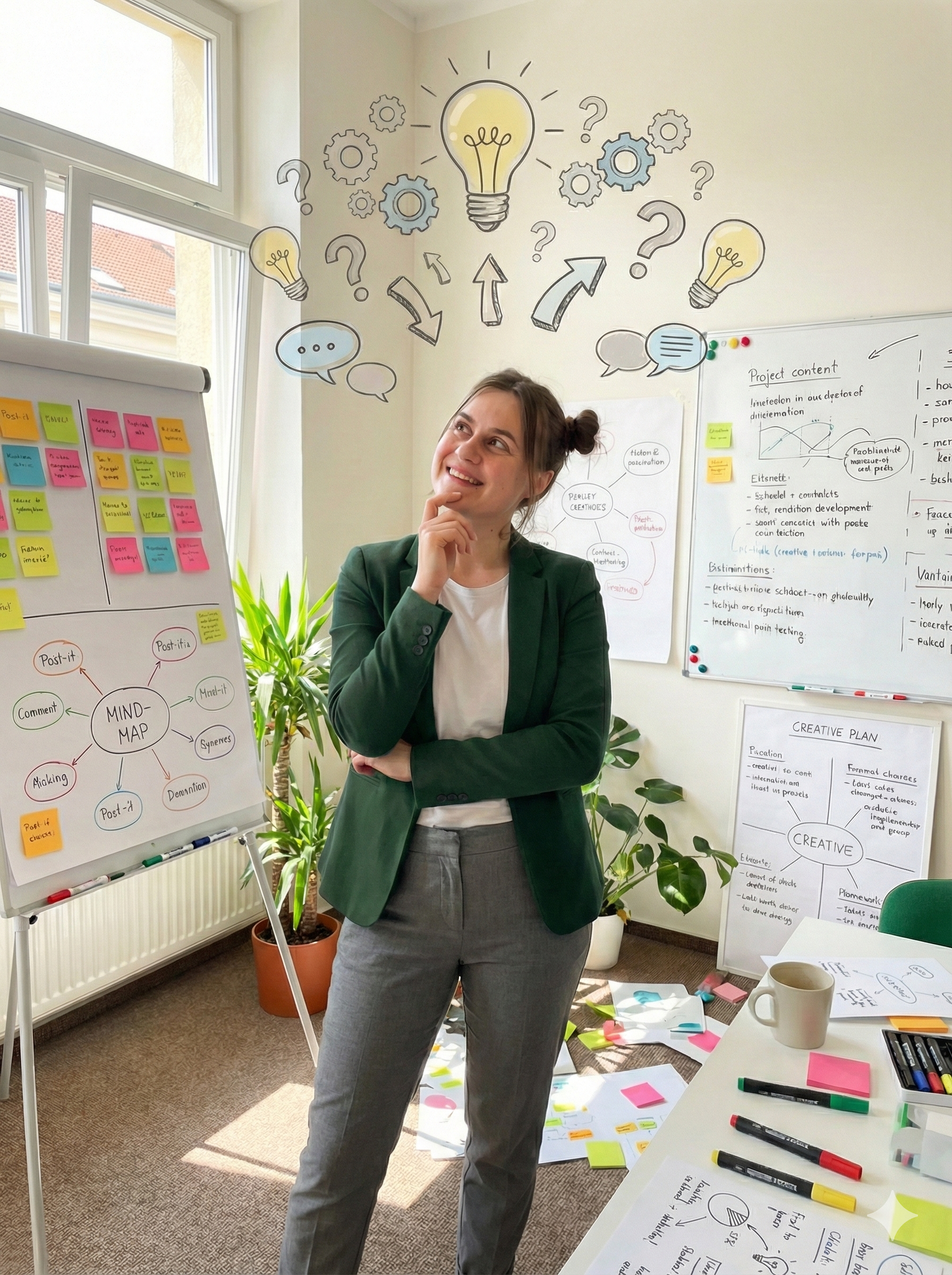 Stefanie begleitet ein Innovationsteam in einem kreativen Workshopraum